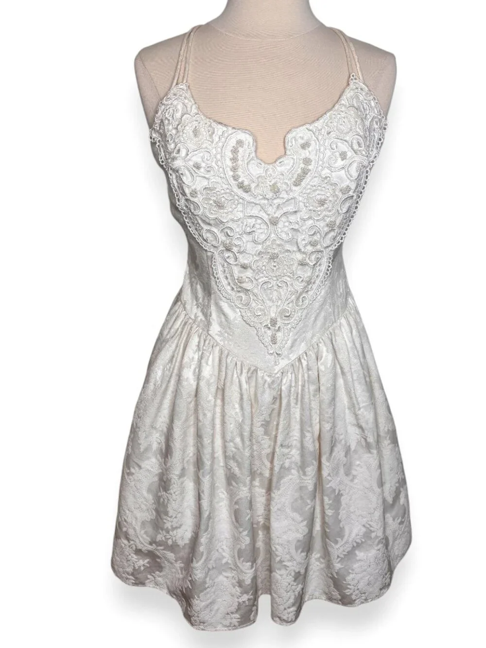Vintage Jessica McClintock Gunne Sax White Embellished Jacquard Dress Size 9/10 - Picture 1 of 8